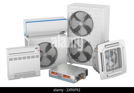 Air conditioner indoor wall and outdoor compressor multi-zone unit, ceiling cassette unit, floor standing air conditioner and slim duct ceiling unit. Stock Photo