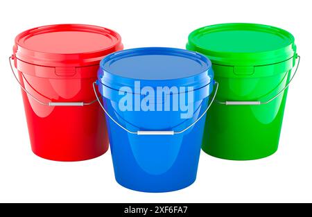 Red, Green and Blue Plastic Paint Buckets, 3D rendering isolated on white background Stock Photo