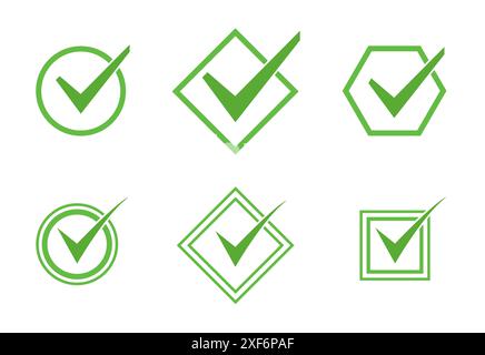 Green check mark set. Vector flat illustration. Stock Vector