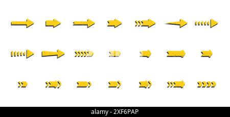 Grunge texture arrows icons set. Yellow scratched arrows collection. Flat vector illustration isolated on white background. Stock Vector