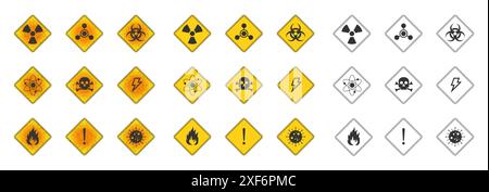 Set of Warning Hazard Signs. Includes black and white, yellow, and grunge texture. Vector flat illustration. Stock Vector