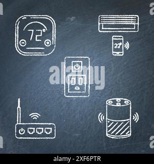 Chalkboard smart home automation icons set. Sketch symbols on blackboard. Climate control, wifi router, smart speaker, socket and air conditioner. Vec Stock Vector