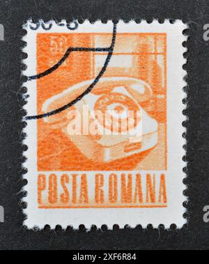 Cancelled postage stamp printed by Romania, that shows Telephone, circa 1968. Stock Photo