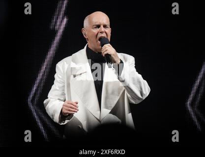 Praha, Czech Republic. 01st July, 2024. Singer Neil Tennant of English synth-pop duo Pet Shop Boys performs at their concert in Prague, Czech Republic, on July 1, 2024. Credit: Michaela Rihova/CTK Photo/Alamy Live News Stock Photo