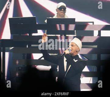 Praha, Czech Republic. 01st July, 2024. Musician Chris Lowe (up) and singer Neil Tennant (down) of English synth-pop duo Pet Shop Boys performs at their concert in Prague, Czech Republic, on July 1, 2024. Credit: Michaela Rihova/CTK Photo/Alamy Live News Stock Photo