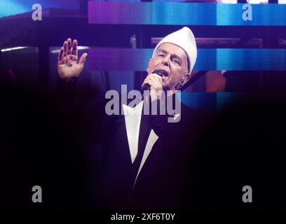 Praha, Czech Republic. 01st July, 2024. Singer Neil Tennant of English synth-pop duo Pet Shop Boys performs at their concert in Prague, Czech Republic, on July 1, 2024. Credit: Michaela Rihova/CTK Photo/Alamy Live News Stock Photo