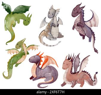 Set of cute cartoon dragons. Watercolor hand drawn illustration Stock ...