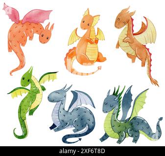 Set of cute cartoon dragons. Watercolor hand drawn illustration Stock ...