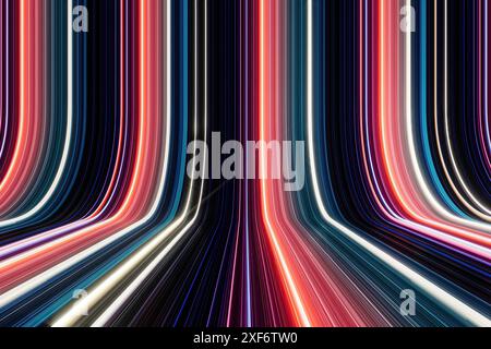 3d illustration of light tunnel made of vibrant neon lines. 3d rendering of bright light trails, perspective view Stock Photo