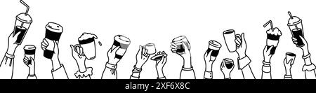 Doodle hands up with coffee. Crowd of people, men and children holding disposable glass, cups, mugs, cappuccino, latte, Frappuccino, espresso, matcha Stock Vector