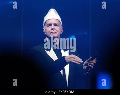 Praha, Czech Republic. 01st July, 2024. Singer Neil Tennant of English synth-pop duo Pet Shop Boys performs at their concert in Prague, Czech Republic, on July 1, 2024. Credit: Michaela Rihova/CTK Photo/Alamy Live News Stock Photo