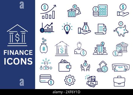 Finance Icon Set. Cash, saving, financial goal, bank, ATM card, profit, budget, mutual fund, earning money, and grow revenue icons, Vector. Stock Vector