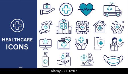 Healthcare Icon Set. Medical, health, mask, sanitizer, diagnosis, report, illness, injury, and more. Vector illustration. Stock Vector