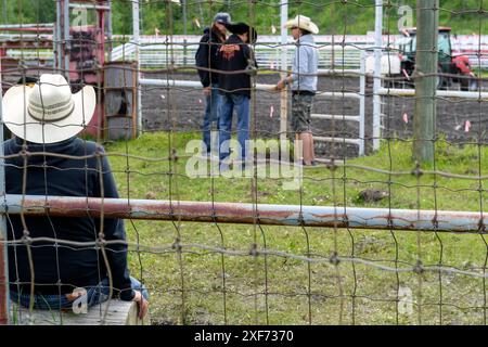 Young and old Indian cowboys at the Mini Thni Indian Rodeo Chiniki Rodeo Grounds in Morley Alberta Canada Stock Photo