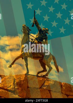 Buffalo Bill Cody statue is titled The Scout in Cody, Wyoming. Backdrop is American USA flag in composite image with stars & stripes in sky. Stock Photo