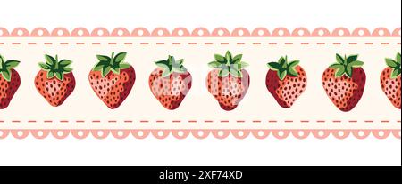 Cottage Core Garden Strawberries With Scalloped Edge Vector Horizontal Seamless Pattern Border Stock Vector