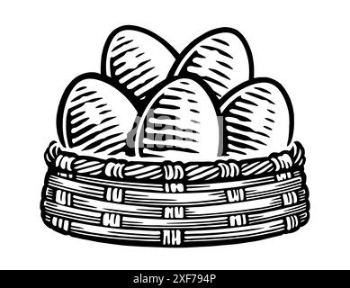 Chicken eggs in a basket, emblem. Poultry farm symbol. Organic food vector illustration Stock Vector