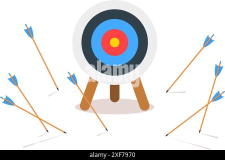 Archery target ring with many missed arrows isolated on white background. Business goal failure symbol. Inaccuracy, inefficiency or mistake strategy concept. Vector cartoon illustration. Stock Vector