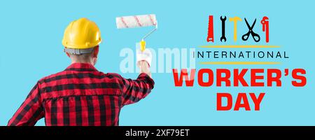 Festive banner for International Workers' Day with man holding paint roller Stock Photo