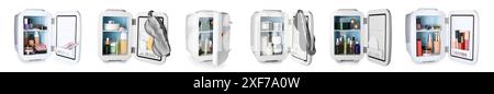 Set of small refrigerator with cosmetics on white background Stock Photo