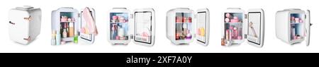 Collage of small refrigerator with cosmetics on white background Stock Photo