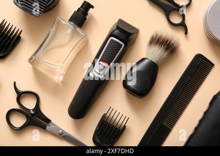 Set of male shaving accessories on yellow background Stock Photo