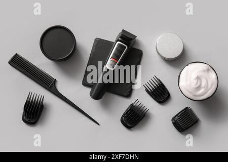 Set of male shaving accessories on grey background Stock Photo
