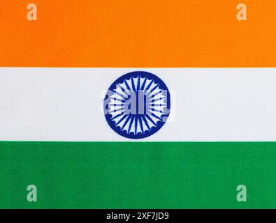Flat India Fabric Flag Background Close Up. Stock Photo