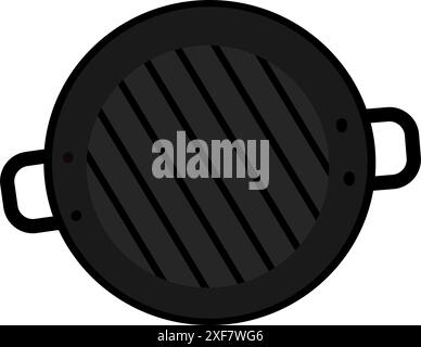 Cast iron grill pan with stripes and handles on both sides in cartoon style. Top view. Promo concept. Isolated EPS Vector. Logo Sticker Icon. Cards, poster, banner, price tag, label or web design idea Stock Vector