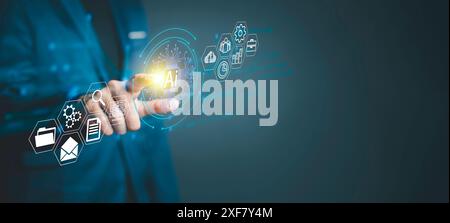 Artificial intelligence (AI) Machine Learning Business Internet Technology Concept, Businessman touching Artificial Intelligence, the futuristic busin Stock Photo