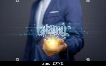 businessman Internet connect Chat with AI, Artificial Intelligence. using command prompt for generates something, Futuristic technology transformation Stock Photo