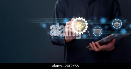 Human connection and artificial intelligence (Ai) concept, generate innovative futuristic new things together, artificial intelligence exchange smart Stock Photo