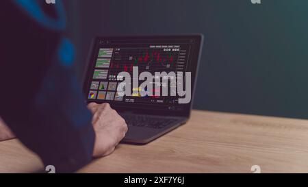 Businessman using working on laptop computer document and information Management System Software for archiving, searching and managing corporate files Stock Photo