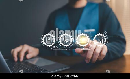 Cloud Document Management, businessman control of data digital with a cloud-based document management system. The concept of secure and accessible fil Stock Photo
