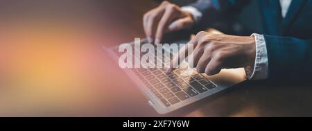 businessman using laptop in office. technology and connectivity drive business success. bokeh background featuring. It's an excellent choice to create Stock Photo