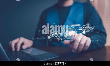 Cybersecurity security and privacy concepts to protect data. Lock icon and internet network security technology. Businessman protecting personal data Stock Photo