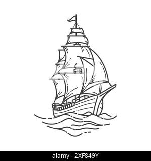 Line art illustration of sailing ship at sea isolated white background Stock Vector