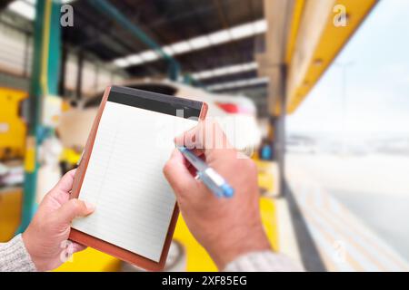 Car maintenance service concept , Blank book in a hand of officer to take notes at the auto repair service center Stock Photo