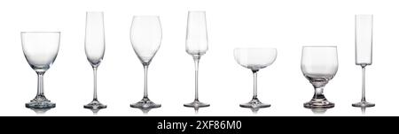 Set of different empty glasses for drinks and cocktails on white background with clipping path. Stock Photo