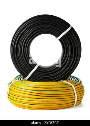 Yellow And Black Electrical Wire Spools Isolated On White Background Stock Photo