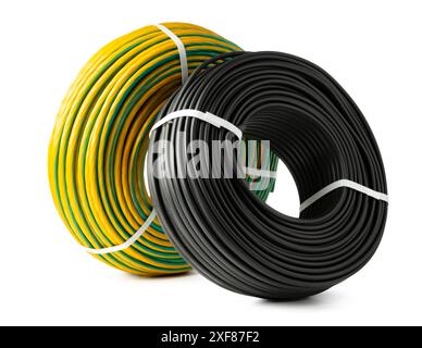 Yellow And Black Electrical Wire Spools Isolated On White Background Stock Photo
