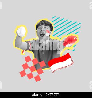 Black and white portrait of enthusiastic sports fan celebrating victory, on abstract geometric background with indonesian flag Stock Photo