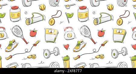 Doodle gym sketch health seamless pattern background. Hand drawn sketch doodle healthy sport, gym fit exercise equipment background. Seamless pattern tennis ball, bottle, dumbbell. Vector illustration Stock Vector