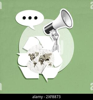 A woman hand holding a megaphone with a recycle symbol and earth on a colored background. Collage art Stock Photo