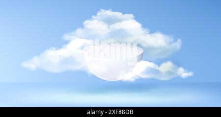 White hemisphere product podium flying in blue sky with fluffy clouds. Realistic 3d vector floating blank podium mockup with steam. Dreamy goods display pedestal for presentation and showcase. Stock Vector