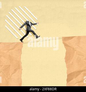 Businessman with a striped circle instead of his head walking carefully on a rope over a cliff, taking a risk to cross over the abyss Stock Photo