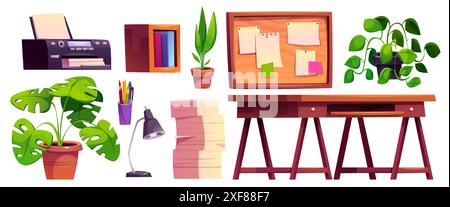 Home office furniture and equipment. Cartoon vector set of wooden desk and lamp, shelf with books, stack of paper documents and printer, board with pinned notes and flowers in pot for remote work. Stock Vector