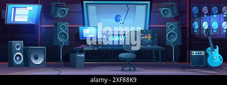 Music record studio interior with mixer on desk and monitor, microphone in sound booth behind glass, speakers and guitar. Cartoon vector illustration of musician and dj workplace with equipment. Stock Vector