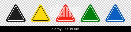 Set of triangular black, yellow, red, green and blue road signs. Vector illustration of icons for warning about the situation on the road. Transparent Stock Vector