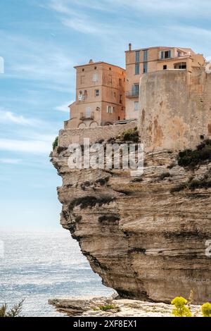 Houses perched on limestone cliffs undercut by the sea and weather in the citadel of Bonifacio in Corsica Stock Photo